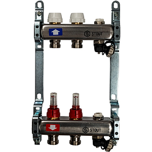 Коллекторная группа STOUT - 1' на 2 контура 3/4' (расходомеры, клапананы, сливные краны)