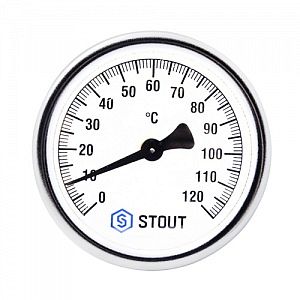 Термометр аксиальный STOUT - 1/2' (D63 мм, шкала 0-120°C, с погружной гильзой 50 мм)