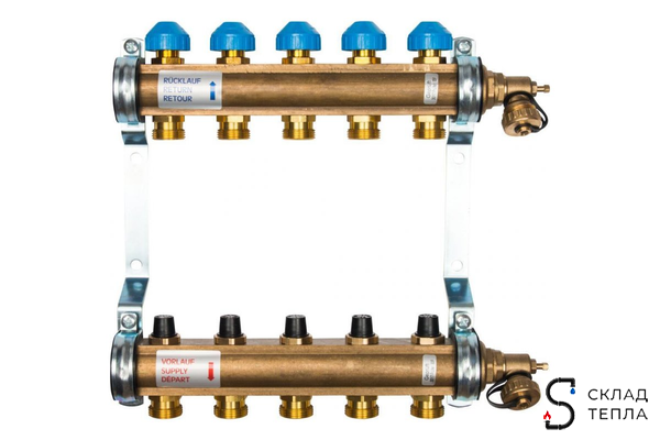 Коллекторная группа WATTS HKV - 1"ВР/ВР на 5 контуров 3/4"EK (с вентилями, латунь). Вид 1.