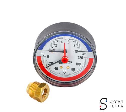 Термоманометр аксиальный WATTS F+R818 (TMAP) - 1/2" (D-80 мм, шкала 0-120 °C / 0-2,5 бар). Вид 1.