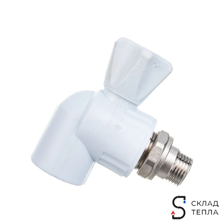 Кран шаровой для радиатора угловой VALFEX - 25 x 1/2" (Пайка/НР, для полипропиленовых труб, белый). Вид 10.