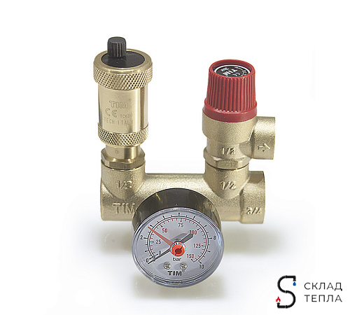 Группа безопасности котла TIM - 1" х 3/4" (до 50кВт, 3 бар). Вид 2.