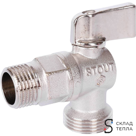 Кран шаровой полнопроходной угловой STOUT - 1/2" x 3/4" (НР/НР, ручка-флажок, для стиральных машин). Вид 2.