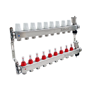 Коллекторная группа VALFEX - 1' на 9 контуров 3/4' (нерж. сталь с расходомерами и сливными кранами)