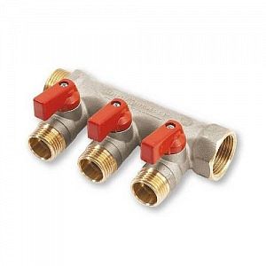 Коллектор запорный STOUT - 3/4' (НР/ВР) на 3 контура 1/2' (НР, ручки красные) 