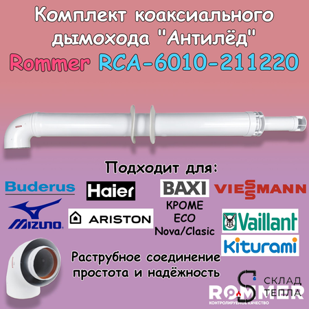 Комплект дымохода Rommer АНТИЛЕД 60/100 - 1220мм (Baxi (кроме ECO Nova/Classic), Viessmann). Вид 1.