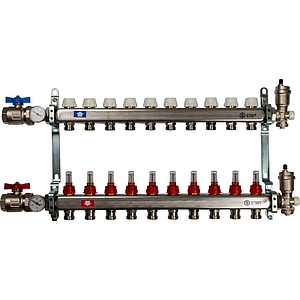 Коллекторная группа в сборе STOUT - 1' на 10 контуров 3/4' (нерж.сталь, с расходомерами)