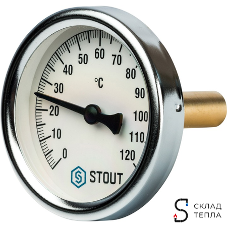 Термометр аксиальный STOUT - 1/2" (D63 мм, шкала 0-120°C, с погружной гильзой 75 мм). Вид 1.