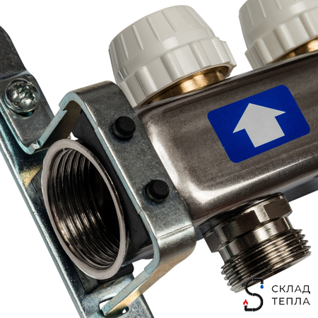 Коллекторная группа STOUT - 1" на 2 контура 3/4" (расходомеры, клапананы, сливные краны). Вид 9.