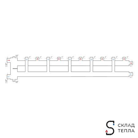 Коллектор котельной разводки ROMMER 5+1 (дублер рядный) с гидроразделителем 1"1/2 . Вид 3.