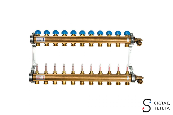 Коллекторная группа WATTS HKV/T - 1"ВР на 11 контуров 3/4"EK (с вентилями и расходомерами, латунь). Вид 1.