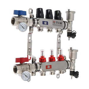 Коллекторная группа TIM - 1' на 3 контура 3/4' (нерж. сталь с расходомерами, полный комплект)