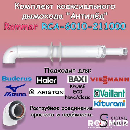 Комплект дымохода Rommer АНТИЛЕД 60/100 - 1000мм (Baxi (кроме ECO Nova/Classic), Viessmann). Вид 1.
