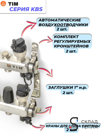 Коллекторная группа TIM 1" на 3 контура 3/4" (нерж. сталь, с вентилями). Вид 3.