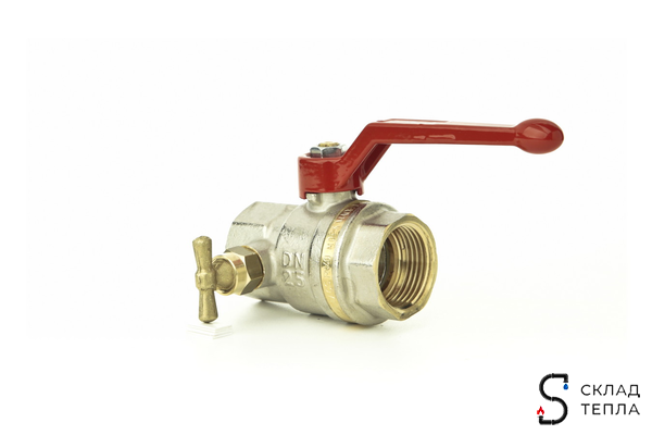 Кран шаровой полнопроходной Danfoss BVR-D - 1" (ВР/ВР, PN40, ручка-рычаг красная, со спуском). Вид 1.