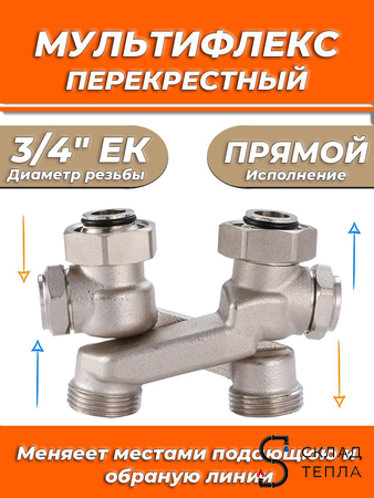 Узел нижнего подключения прямой перекрестный Zeissler 3/4" х 3/4" с запорными вентилями. Вид 1.