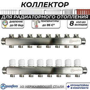 Коллекторная группа Aquasfera 1' на 8 контура 3/4' (нерж. сталь)