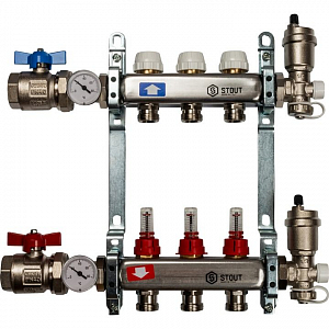 Коллекторная группа в сборе STOUT - 1' на 3 контура 3/4' (нерж.сталь, с расходомерами)