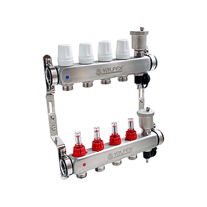 Коллекторная группа VALFEX - 1' на 4 контура 3/4' (нерж. сталь с расходомерами и сливными кранами)
