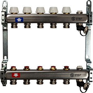 Коллекторная группа STOUT - 1' на 5 контуров 3/4' (клапананы, сливные краны, нерж. сталь)