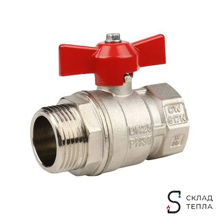 Кран шаровой STOUT - 3/4" (НР/ВР, PN30, Tmax 150°С, ручка-бабочка красная). Вид 1.