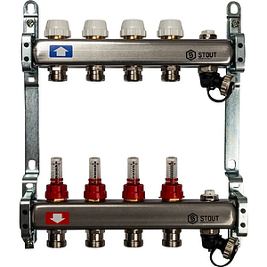 Коллекторная группа STOUT - 1' на 4 контура 3/4' (расходомеры, клапананы, сливные краны)