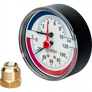 Термоманометр аксиальный STOUT - 1/2" (D80 мм, шкала 0-120°C/0-10 бар, с запорным клапаном) Термоманометр аксиальный STOUT - 1/2' (D80 мм, шкала 0-120°C/0-10 бар, с запорным клапаном)