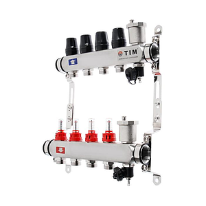 Коллекторная группа TIM - 1' на 4 контура 3/4' (нерж. сталь с расходомерами и сливными кранами)