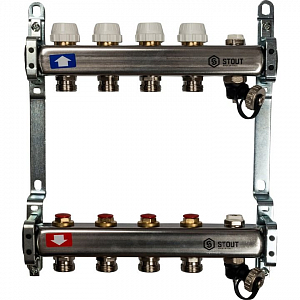 Коллекторная группа STOUT - 1' на 4 контура 3/4' (клапананы, сливные краны, нерж. сталь)