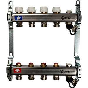 Коллекторная группа STOUT - 1' на 4 контура 3/4' (клапананы, сливные краны, нерж. сталь)