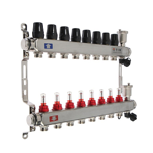 Коллекторная группа TIM - 1' на 8 контуров 3/4' (нерж. сталь с расходомерами и сливными кранами)
