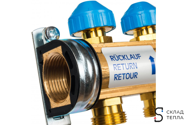 Коллекторная группа WATTS HKV/T - 1"ВР на 7 контуров 3/4"EK (с вентилями и расходомерами, латунь). Вид 2.