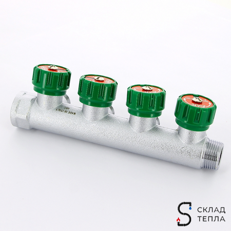 Коллектор FAR MULTIFAR 3824 - 1"(НР/ВР) на 4 контура 3/4"(плоское упл.). Вид 4.