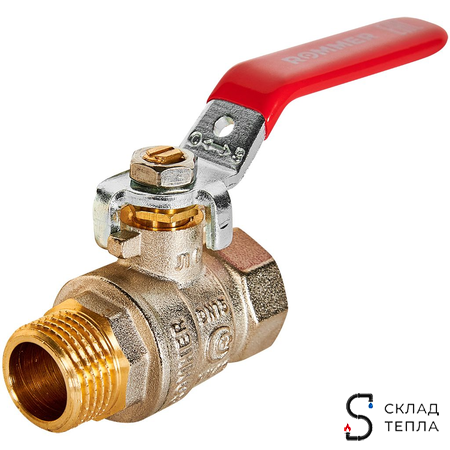 Кран шаровой полнопроходной Rommer - 1/2" (вн./нр.,PN40, ручка рычаг красная). Вид 1.