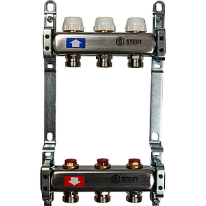 Коллекторная группа STOUT - 1' на 3 контура 3/4' (нерж.сталь, с вентилями)