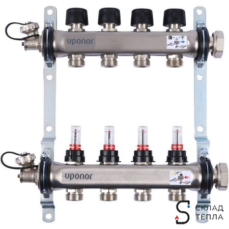 Коллекторная группа Uponor Vario S - 1" на 4 контура 3/4" (расходомеры, клапаны, сливные краны). Вид 1.