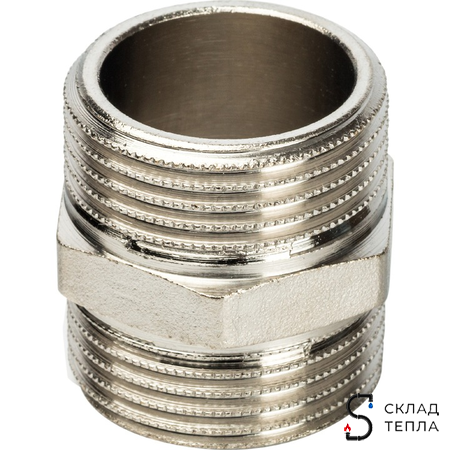 Ниппель латунный резьбовой равнопроходный STOUT - 1" (никелированный). Вид 1.