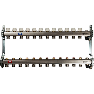 Коллекторная группа STOUT - 1' на 12 контуров 3/4' (клапананы, сливные краны, нерж. сталь)
