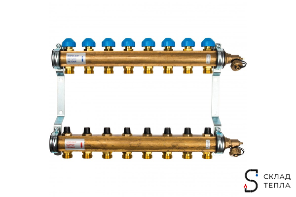 Коллекторная группа WATTS HKV - 1"ВР/ВР на 8 контуров 3/4"EK (с вентилями, латунь). Вид 1.