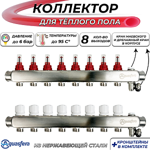 Коллекторная группа Aquasfera-1' на 8 контуров 3/4' (нерж. сталь с расходомерами и сливными кранами)