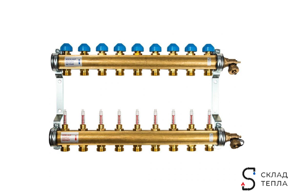 Коллекторная группа WATTS HKV/T - 1"ВР на 9 контуров 3/4"EK (с вентилями и расходомерами, латунь). Вид 1.