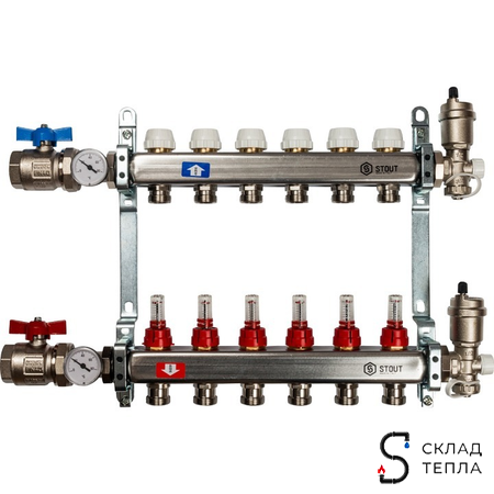 Коллекторная группа в сборе STOUT - 1" на 6 контуров 3/4" (нерж.сталь, с расходомерами). Вид 1.