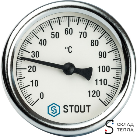 Термометр аксиальный STOUT - 1/2" (D63 мм, шкала 0-120°C, с погружной гильзой 75 мм). Вид 2.