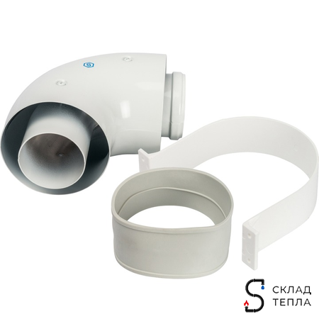 Отвод 90° для коаксиального дымохода STOUT D60/100 мм (с уплотнением и хомутом). Вид 1.