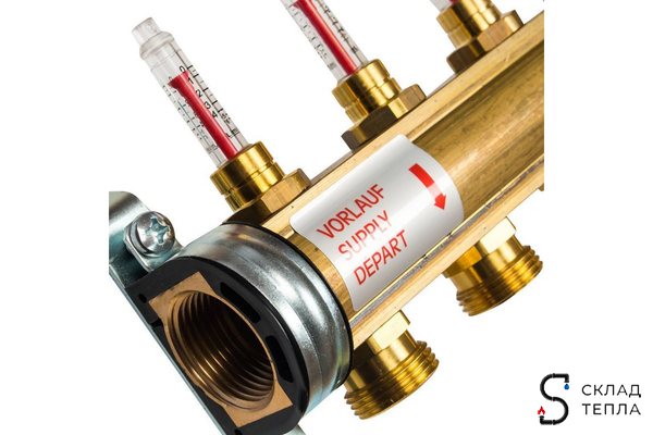 Коллекторная группа WATTS HKV/T - 1"ВР на 9 контуров 3/4"EK (с вентилями и расходомерами, латунь). Вид 3.