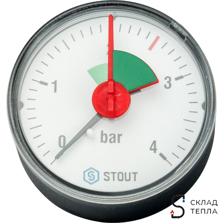 Манометр аксиальный STOUT - 1/4" (D50 мм, шкала 0-4 бар, с указателем предела). Вид 2.