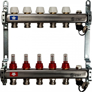 Коллекторная группа STOUT - 1' на 5 контуров 3/4' (расходомеры, клапананы, сливные краны)