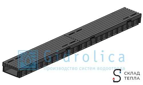 Лоток водоотводный с пластиковой решеткой Gidrolica Light 1000х116х55 мм. Вид 2.