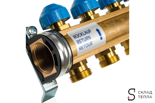 Коллекторная группа WATTS HKV/T - 1"ВР на 10 контуров 3/4"EK (с вентилями и расходомерами, латунь). Вид 2.