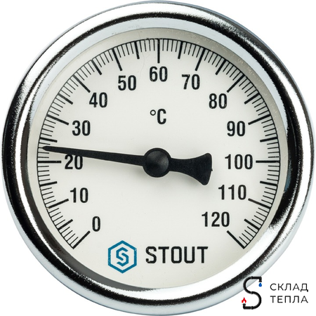 Термометр аксиальный STOUT - 1/2" с самоуплот.(D63мм, шкала 0-160°C, с гильзой 50мм). Вид 2.
